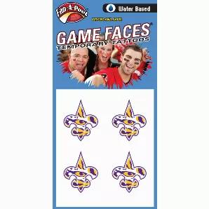 LSU Water Tattoos. Show your game day style with Game Faces Water Based Temporary Spirit Tattoos. Waterproof! Can last for days! Each package contains 4 water temporary tattoos.