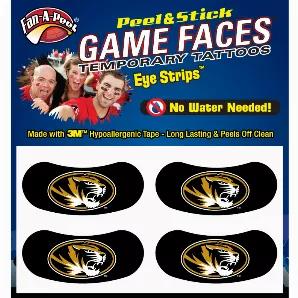 Missouri Eye Strips ( Eye Black ), Made with 3M Hypoallergenic medical tape and preferred by 99% of fans.   No Water Required to Apply or Alcohol to Remove.  Just Peel off the liner and stick to your Skin.  Gameface Peel & Stick Tattoos are hassle free way to express yourself.   Safe for use on other surfaces such as clothing, cell phones, laptops and most any surface.   Each eye strip is 1.75" x .75".  2 Pairs per Package.