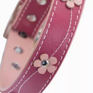 <p>Leather dog collar in girly floral design. Reminiscent of warm sunny days, Lucy collar is decorated with the delicate flowers of spring laying softly in an undulating pattern.</p>
<p><strong>Features:</strong></p>
<ul>
<li>Perfect design for the girls.</li>
<li>Vegetable dyed luxury top grain leather.</li>
<li>Buttery smooth texture.</li>
<li>Super strong nickel branded buckle and D-ring.</li>
<li>Matching lead available.</li>
</ul>

<h3>NECK SIZES:</h3>
<p>Widths in ( )</p>
<ul>
<li>Small(2.