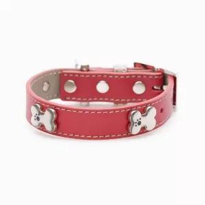 <p>Classic Red bling dog collar with bones studs. Made from a high quality super soft top grain real leather, this red bling dog collar has contrasting cream leather detail and stitching. The Bone studs are decorated with enamel paw design and protected with clear lacquer for extra protection.</p>
<p><strong><span>Features:</span></strong></p>
<ul>
<li>Unique design.</li>
<li><span>Vegetable dyed luxury top grain leather.</span></li>
<li><span>Buttery smooth texture.</span></li>
<li>
<span>Super