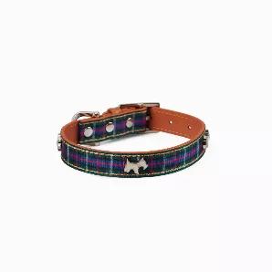 <p>Stylish blue tartan leather dog collar for the Scottish or Westie pooch around town.</p>
<p>A tartan ribbon overlay is sewn onto soft leather to create a comfortable fitting tartan dog collar.</p>
<p>The top grain leather is vegetable dyed to protect your dog from any chemicals.</p>
<p>Scottie dog studs in Silver with real Czech crystals are added for extra style.</p>
<p><strong>Features:</strong></p>
<ul>
<li>Unique Hamish McBeth tartan ribbon design.</li>
<li>Vegetable dyed luxury top grain