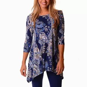 Such a sweet and classic combination of Blue and Golden paisleys on Indigo...<br>
A summer must-have, get this wrinkle free, easy to wear and easy to take care tunic that is so eye-catching!<br>
Get Indigo and go go go everywhere...<br>
DETAILS:<br>

It is made of 65%Polyester and 35%Cotton blend.<br>
The intricate paisley pattern offers feminine charm.<br>
A boatneck and 3/4th long sleeves, with an asymmetrical hemline for a playful look and feel. <br>
Wrinkle-free and easy to wear and care.<br