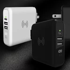 Global Gadget Charger World Travel Multi-Power and portable Charger. This one you have to get as this may be the last charger you will need.   We are talking about a charger that has 2 highspeed USB ports 1 Type USB-C port, QiWireless charger that will fully charge your phone anywhere.  It has inbuilt power bank inside the plug so you have stored power capacity in the middle of nowhere. The type C outlet can be used to power your laptops that are powered by a Type C connection.Wireless Charger w