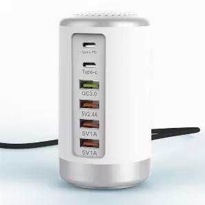 7 High Speed Charging Ports in one.<br>
A variety to charge all types of phones and gadgets at 65W total power available to charge your devices faster than ever. It has a built-in intelligent controller to charge only what is needed for each device. <br>
The Power Charging Tower has: <br>

1 - TYPE C USB Port used in the newest devices for fast charging.<br>
1 - TYPE C PD Fast 18W port will charge your bigger device like iPad and Tablets very fast.<br>

1 - Quick Charge USB 2.0 port for all gadg