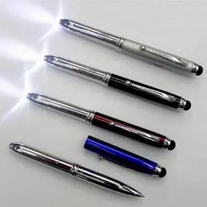 

Light Us Stylus with 3-in-1 features a stylus, pen and LED light. No need to carry 3 different things just take this 3 in 1 Light Us Stylus and flip it to use either feature. 
It is all metal body and lightweight just like a normal pen. It also has a nice strong grip that makes using any features easy.
The LED light works on push tip for on or off action. This comes handy in restaurants to read menu or to focus light in dark or small areas.

Features: Stylus with smooth touch sensitive tip for