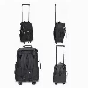Wheeled Backpack <br> ** Feature <br> A medium backpack on wheels: the convenience of a backpack, the ease of a rolling suitcase. <br> Two-stage telescoping handle. <br> Tuck-away padded straps for use as a backpack. <br> Main compartment with easy glide zippers. <br> Multiple zippered pockets. <br> Front bungee pocket for bulkier items. <br> Side and front mesh pockets <br> Double handles for easy portability. <br> ** Material600D Polyester <br> ** Dimension13.5 x 18 x 6.5 in <br> ** Capacity15