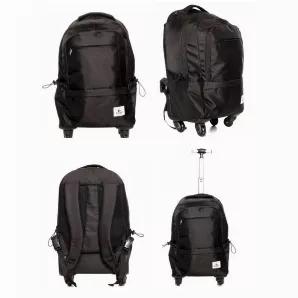 Wheeled Laptop Backpack <br> **Feature <br> Main compartment includes a padded pockets for laptops up to 16" <br> Three integrated pockets for smaller items <br> Large front pocket with internal organizer <br> Dual side pockets with adjustable shock cords <br> Zippered handle storage compartment <br> Stealth wheel covering system <br> High Grade 1680D Polyester Fabric <br> **Material1680D Polyester <br> **Dimension21 x 13 x 8.5 <br> **Capacity1870 cu in / 30.6 L <br> **Weight6 lb. 8 oz / 2.95 kg