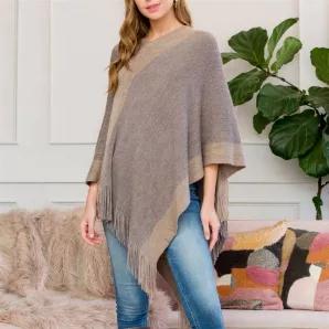 TWO TONE FRINGE PONCHO <br> Fabric Content: Polyester <br>