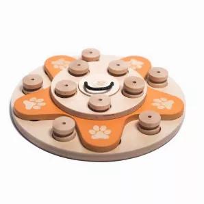 Dog's Flower

Dog's flower is our other design in disk-shaped puzzles line, that aims to raise curiosity of your pet with circular object . Ten cylinders placed inside of two levels of wooden platforms require first removal of them from their designated spaces. Then the dog needs to spin flower-shaped platform in order to get to more treats awaiting him underneath. As with Birthday Cake puzzle, the parent can regulate the difficulty level from 1 paw to 4 paws by adding or subtracting the cylinde