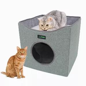 1.Lightweight and sturdy cat condo designed with a padded platform and a cubby.<br>
2.The foldable design is easy to assemble, and it collapses flat for easy storage and travel.<br>
3.Designed with wood panels to help the condo keep its shape.<br>
4.The reversible cushion offers extra comfort during the warmer and cooler months.<br>
5.The exterior is made from linenette fabric and the inside is made from felt to help stand up to your kitty's claws. This cat condo is also completely hand washable