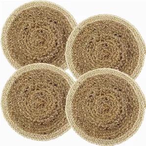 Measurements: D13" (+/- 0.2").<br>Material: water hyacinth .<br>Color: Natural, Rustic Mixed, Braided.<br>Set includes: 04 placemats.<br>BEAUTY AND FUNCTION: This handwoven placemat is the decorative piece for your dinners or wedding parties. It adds character and a touch of rustic beauty to your dining table. It could be even to hang on the wall as decorative plates or an ideal housewarming gift..<br>VERSATILE: Our wicker placemats made of natural water hyacinth perfectly matches with round pla