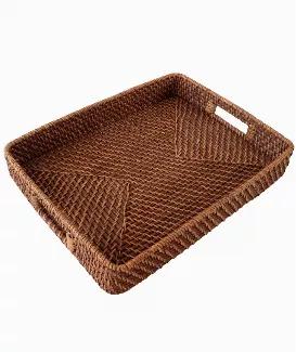 Measurements: 13" x 18" x 3.1".<br>Materials: Rattan.<br>Color: Brown.<br>Versatile- Medium and large serving tray for coffee table, bar, bread, snacks, food, drink, kitchen. It also makes perfect decorative tray for bathroom, living room and your home. Wicker coffee tray with handles for easy handling.<br>Beauty and function- The wicker woven tray makes a decorative piece for home decor. It adds character and a touch of natural beauty to many styles of d?cor. The serving tray is also ideal hous