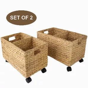 Measurements: .<br>Large: 19.7" x 11.8" x 13".<br>Small:  18.1" x 12.6" x 9.8".<br>Materials: Water Hyacinth and seagrass.<br>Set includes: 01 small baskets + 01 Large baskets.<br>Moved with ease: With the wheels under their feet, these storage baskets can be moved around stress-free without leaving a scratch on your floor. You can choose to remove the wheels to save space or put them on and use the baskets as an under-counter or under-shelf organizer. They are easy to pull out and in!.<br>Smart