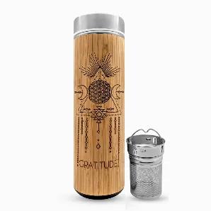 Beautifully crafted, all natural, GRATITUDE Bamboo Water Bottle equipped with a removable stainless steel infuser that can be used for making the perfect brew of herbal tea or fruit infused water.
