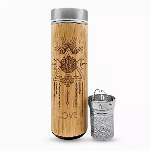 Beautifully crafted, all natural, LOVE Bamboo Water Bottle equipped with a removable stainless steel infuser that can be used for making the perfect brew of herbal tea or fruit infused water.