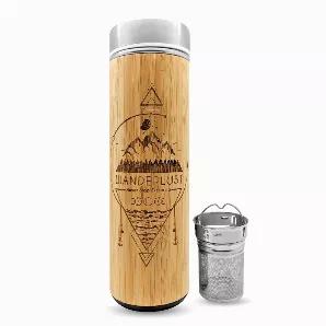 Beautifully crafted, all natural, WANDERLUST Bamboo Water Bottle equipped with a removable stainless steel infuser that can be used for making the perfect brew of herbal tea or fruit infused water.