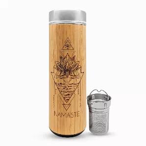 Beautifully crafted, all natural, NAMASTE Bamboo Water Bottle equipped with a removable stainless steel infuser that can be used for making the perfect brew of herbal tea or fruit infused water.