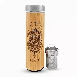 Beautifully crafted, all natural, PEACE Bamboo Water Bottle equipped with a removable stainless steel infuser that can be used for making the perfect brew of herbal tea or fruit infused water.