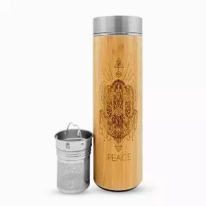 Beautifully crafted, all natural, PEACE Bamboo Water Bottle equipped with a removable stainless steel infuser that can be used for making the perfect brew of herbal tea or fruit infused water.