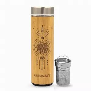 Beautifully crafted, all natural, ABUNDANCE Bamboo Water Bottle equipped with a removable stainless steel infuser that can be used for making the perfect brew of herbal tea or fruit infused water.