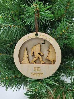 With this ornament you have proof that Bigfoot really does exists. With individually lasered layers of week you will see Bigfoot himself out for a evening stroll. After all, it's what he does best. We were just fortunate to capture the moment. Enjoy.  3.5" round