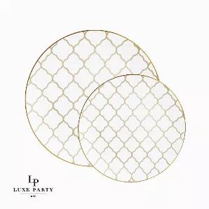 <blockquote><p>Round | Gold Lattice Pattern | White and Gold</p></blockquote><h3>Product Details</h3><p><strong>Part Number:</strong> P-LX-2007-G-WHT</p><p><strong>Available Sizes:<span> </span></strong><span>7.5" and 10.25" </span></p><p><b>Use: </b>Salad and Appetizer and Dessert<span data-mce-fragment="1"> and Dinner</span></p><p><strong>Color:</strong> Gold and White</p><p><strong>Pattern:</strong> Round and Metallic <strong>Lattice</strong> Pattern</p><p><strong>Material</strong>: Premium P