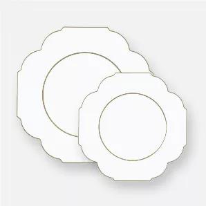 <blockquote><p>Scallop | Gold Accent | White and Gold</p></blockquote><h3>Product Details</h3><p><strong>Part Number:</strong> P-LA-5007-G-WHITE</p><p><strong>Size: 8"</strong></p><p><b>Use: </b>Salad and Appetizer and Dessert<span data-mce-fragment="1"> and Dinner</span></p><p><strong>Color:</strong> Gold and White</p><p><strong>Pattern:</strong> Scallop and Metallic Accent</p><p><strong>Material</strong>: Premium Plastic </p><h3>Care and Maintenance</h3><p><strong>Care:</strong> Hand Wash and 