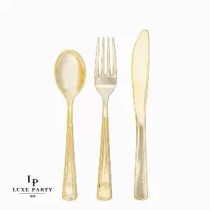 <blockquote><p>40 Forks | 40 Spoons| 40 Knives | 20 Tea Spoons</p></blockquote><h3>Product Details</h3><p><strong>Part Number:</strong> P-LX-90140-G</p><p><strong>Size: Full Size</strong></p><p><b>Use: </b>Dinner Dessert</p><p><strong>Color:</strong> Metallic Gold</p><p><strong>Pattern:</strong> Classic Handle</p><p><strong>Material</strong>: Premium Plastic </p><h3>Care and Maintenance</h3><p><strong>Care:</strong> Hand Wash Not Microwavable BPA Free</p>