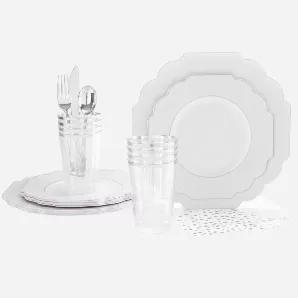 <blockquote><p>         Solid Scallop | White Silver | Metallic Accent | Party Box </p><h3>Product Description</h3><p><strong>Set For 8</strong> | Dinner Plates | Salad Plates | Cutlery | Tumblers | Napkins<br></p></blockquote><h3>Product Details</h3><p><strong>Part Number:</strong> P-LA-75008-S-WHITE</p><p><strong>Color:</strong> Silver White</p><p><strong>Pattern:</strong> Scallop Metallic Accent</p><h3>Care and Maintenance</h3><p><strong>Care:</strong> Hand Wash Not Microwavable BPA Free</p>