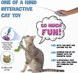 One Of A Kind Interactive Cat Toys: Our patented design includes a magnet at the end of the wand which attaches to the bell at the end of each catnip stuffed cat catcher toy! This means your kitty can actually hunt and capture the toy and the hooman can go cat fishing again with the magnetic fishing wand
Includes 5 Catnip Stuffed Attachments: We designed each toy with unique features of interactive best sellers. You'll get a retractable cat toy wand with the magnet on the end to connect to the b