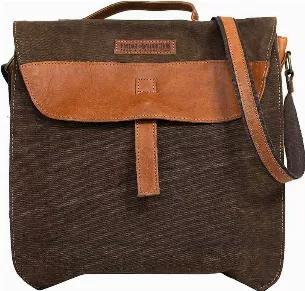 Handcrafted with canvas and extensive leather trim. Features magnetic snap closure with topover flap, 1 interior zip pocket, and an adjustable shoulder strap. Fully Lined. Dimensions : 14" W x 14" H x 3" D / Adjustable Leather Strap 52"L