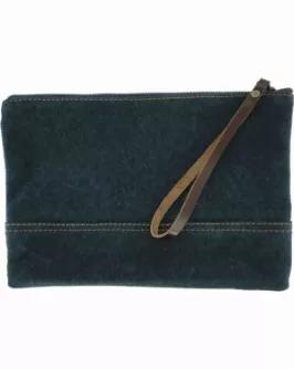 The perfect small carry all with attractive leather wristlet strap. It's versatile functionality also lends itself as a useful travel/cosmetic bag. Fully lined with top zipper closure. Dimensions : 10" W x 8" H x 3" D
