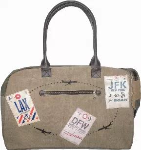 Our eco-friendly travel bag is handcrafted from recycled military tents making each bag slightly unique. Bag is fully lined, features vintage-inspired prints as well as a generous zipped compartment on the back exterior and a zipped pocket on the front exterior. The interior has two pockets, one zipped and one open pocket. Each has durable genuine leather handles and an adjustable shoulder strap. DISCLAIMER: Our recycled military tent bags are a tribute to and a reminder of the sacrifices and co