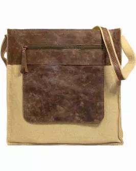 Handcrafted with canvas and extensive leather trim. Features top zipper closure, 1 exterior front zip pocket, 2 interior open pouches, 1 protective cushioned compartment for electronics, and an adjustable shoulder strap. Fully Lined. Dimensions : 15" W x 17" H x 3" D / Strap Length 58"L