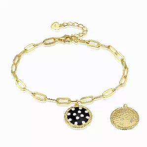 <p>Dazzle with this trending polka dot charm bracelet with extension.</p>
<ul>
<li>14K gold plated </li>
<li>Sterling silver</li>
<li>Black and white enamel</li>
<li>Cubic zirconia</li>
<li>Rectangle link</li>
<li>16+3 cm length</li>
</ul>
<p>*matching pendant and earrings available</p>