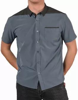 <p>This attractive, soft, silky smooth casual shirt in blue and gray combines comfort with stretch and durability.  Clean, bold, masculinepure SpearPoint.</p>
<ul>
<li>Short sleeve</li>
<li>Hidden button down collar</li>
<li>Machine wash and dry</li>
<li>90% Polyester, 10% Elastane</li>
<li>Weight: 115 GSM fabric</li>
</ul>