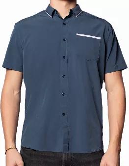 <p>This attractive, soft, silky smooth casual shirt in dark blue and white combines comfort with stretch and durability.  Clean, bold, masculinepure SpearPoint.</p>
<ul>
<li>Short sleeve</li>
<li>Hidden button down collar</li>
<li>Machine wash and dry</li>
<li>90% Polyester, 10% Elastane</li>
<li>Weight: 115 GSM fabric</li>
</ul>