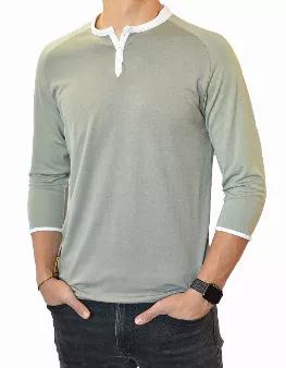 <p>Step-up your day or evening in this stylish, breathable 3/4 sleeve henley shirt in gray taupe with sea moss sleeves, white collar and sleeve ends. This high quality shirt combines comfort with long lasting durability and is made with super soft, stretch, and quick dry fabric for a superior look and feel. The fabric is wrinkle resistant so the shirt comes out of the dryer ready to wear. Make your point in style!</p>
<ul>
<li>3/4 sleeve</li>
<li>Machine wash and dry</li>
<li>60% Viscose (Rayon)