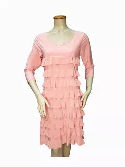 <style type="text/css"><!--td {border: 1px solid #ccc;}br {mso-data-placement:same-cell;}--></style><p><span>Scoop Neck, 3/4 sleeves Ruffle dress, aversion of Cha Cha dress. Just at the knee length dress gives that Sporty but Sexy look great for evening dinner or party. </span></p><ul><li><span>95% Polyester/5% Spandex Blend </span></li><li><span>Machine Washable delicate cold cycle, tumble dry low heat. </span></li><li><span>Made in The U.S.A</span></li></ul>