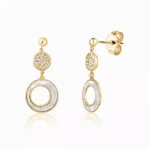 <li>CONTEMPORARY 14K GOLD EARRINGS - 14k yellow gold round circle disc open outline post dangle earrings with mother of pearl and pave set simulated diamonds Italy</li> <li>FINE QUALITY - MADE IN ITALY - 14k solid gold NOT plated; Stamped 585 to authenticate the fineness of the gold 14k</li> <li>GIFT READY - Comes in beautiful branded UNICORNJ giftbox; Makes a fantastic gift presentation</li> <li>EXCELLENT GIFT IDEA - Certificate of Authenticity included so that the recipient can appreciate the 