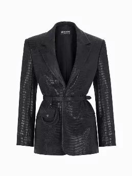 <p>Double breasted faux croc leather blazer with lapel collar. Long sleeves and slit cuffs. Self-belt and mini belt bag. Front welt pockets and back vent detail. </p>
<p>Urban Aboriginals: A unique meld of black, white and purple juxtaposed with striking zebra stripes finds its way to elegant textures in classic suits and dresses. Time for a vision quest for urban aboriginals.</p>
<p>76% PVC 21% Polyester 3% Polyurethane</p>
<p>Do Not Wash; Do Not Tumble Dry;Do Not Iron; Do Not Dry Clean</p>
<p>