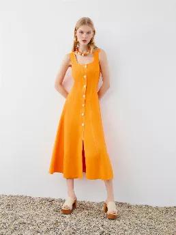 <p>Flowy midi dress with side pockets. Flounced hem.</p>
<p>Bohemian: Traditional silhouettes with sun scorched hues from the past warm our hearts in the present. Forms that represent power and femininity meet warm colors. Function-forward dresses with an elegant flair take a front seat in Spring / Summer collections as complementing kimonos offer an update to your personal style.</p>
<p>65% Viscose 35% Linen</p>
<p>Hand Wash Cold; Do Not Tumble Dry; Iron Low; Dry Clean</p>
<p>Do Not Bleach</p>
