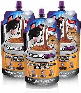 Rich and savory, low calorie, chicken-flavored meal enhancer for dry pet food. Low fat, tasty treat without the added calories. Contains prebiotics to support gut health, digestion and nutrient absorption. Specially formulated for cats and dogs by veterinarians. Grain free, non-GMO, no artificial colors or preservatives.