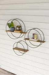 Set Of Three Recycled Wood Shelves With Round Metal Frames