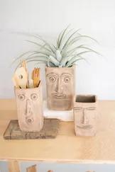 Set Of Three Square Clay Face Planters
