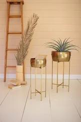 Set Of Two Brass Finish Planters With Stands