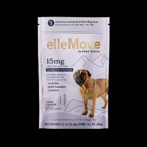 Length: 12.00
Width: 9.00
Height: 4.00
elleMove is the product for dogs who are experiencing joint discomfort and stiffness or any kind of ongoing discomfort.  There is no better product for discomfort than elleMove, and this CBD + CBDA formula has been tested in a clinical trial at Cornell University College of Veterinary Medicine. Over 80% of dogs on elleMove show a dramatic improvement in mobility, happiness and quality of life!<br>Soft Chews for Large Dogs over 50 Lbs. 15mg of CBD + CBDA 