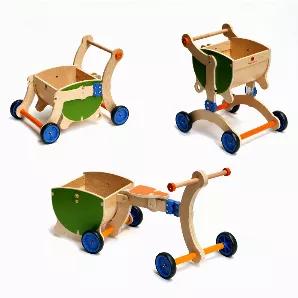 GROW UP is aimed at accompanying babies from the moment they start to walk till the age of six. It allows children to transport their toys in the specially designed basket. GROW UP is used as a baby walker when children start to taking their first steps. The design of the framework is completely tipper and topper proof when they use the handle bar to pull themselves to standing position. As the child gain balance and mobility skills GROW UP can be transformed into a ride on toy with a basket and