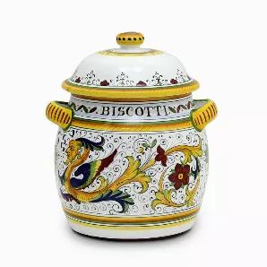 RAFFAELLESCO Collection: Among the most popular and enduring Italian majolica patterns, the classic Raffaellesco traces its origin to 16th century, and the graceful arabesques of Raphael's famous frescoes.<br>The stylized dragon of the central motif was reputedly painted first by Raphael, a master painter and architect of the Italian High Renaissance.<br>Raffaellesco is a benevolent deity who bestows good luck and fair winds to seagoing merchants, thus the puffs of wind steaming from the dragons