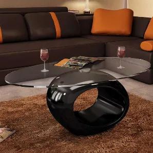<p>This coffee table features a unique, organic design. Its high-gloss, oval shape base will add a modern touch to your living space instantly.</p> <p>This modern coffee table can be used in your living room as a convenient surface to put your drinks or other necessities. You can also bring it into your bedroom for use as a unique nightstand! The tabletop glass is tempered for safety.</p> <h4> <br>Details:</h4> <ul> <li>Tabletop: Safety glass - 0.3" in thickness</li> <li>Frame: Fiberglass in bla